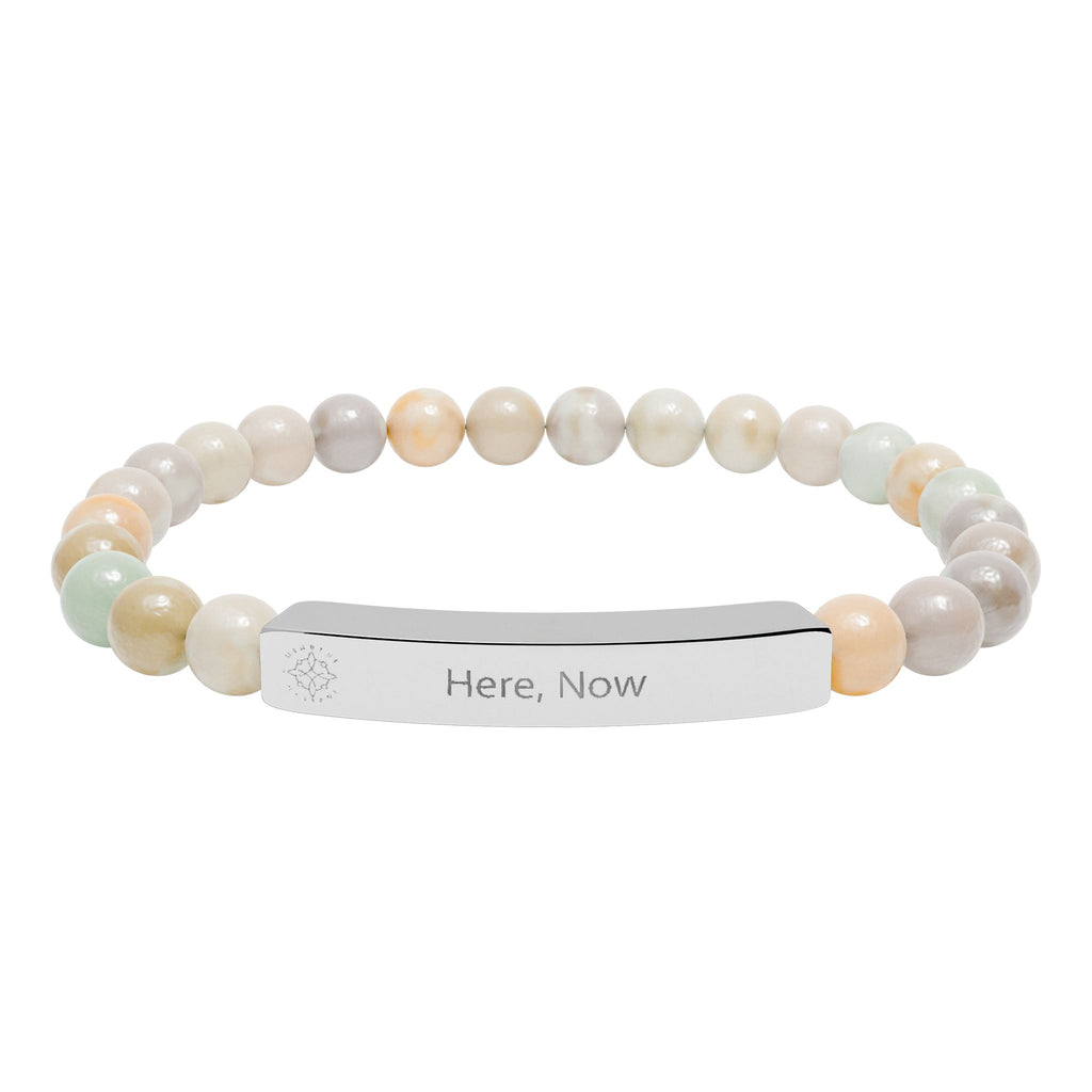 Engraved 'Here, Now' Natural Stone Beaded Bracelet - Mindfulness Jewelry