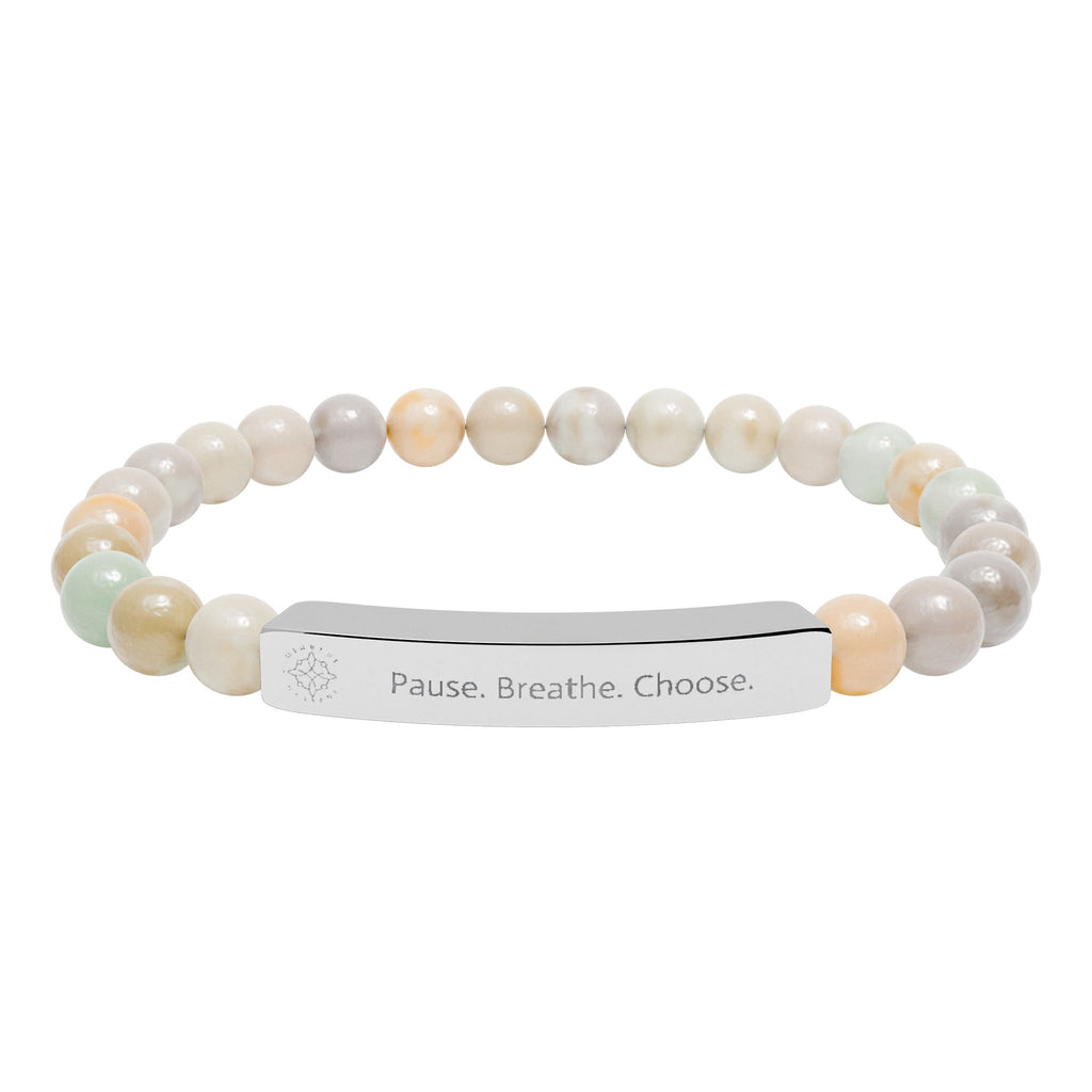 Engraved 'Pause. Breathe. Choose.' Natural Stone Beaded Bracelet - Mindfulness Jewelry