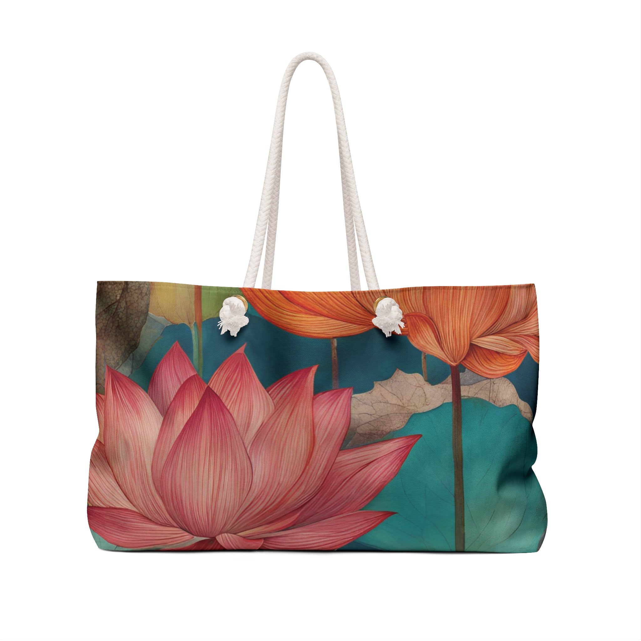 Pink Lotus Floral Weekender Bag | Botanical Tote, Beach Bag