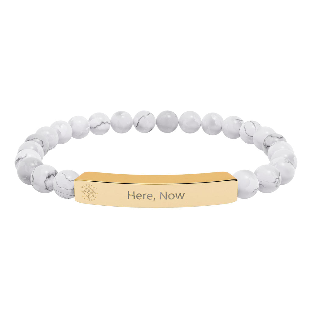 Engraved 'Here, Now' Natural Stone Beaded Bracelet - Mindfulness Jewelry