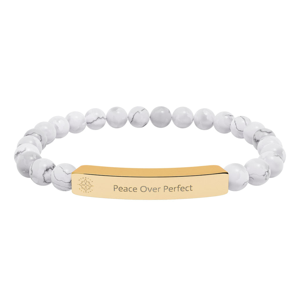 Engraved 'Peace Over Perfect' Natural Stone Beaded Bracelet - Mindfulness Jewelry
