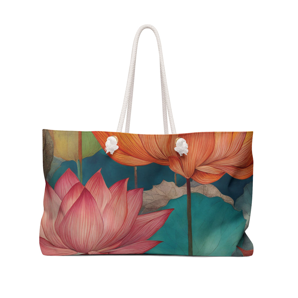Pink Lotus Floral Weekender Bag | Botanical Tote, Beach Bag